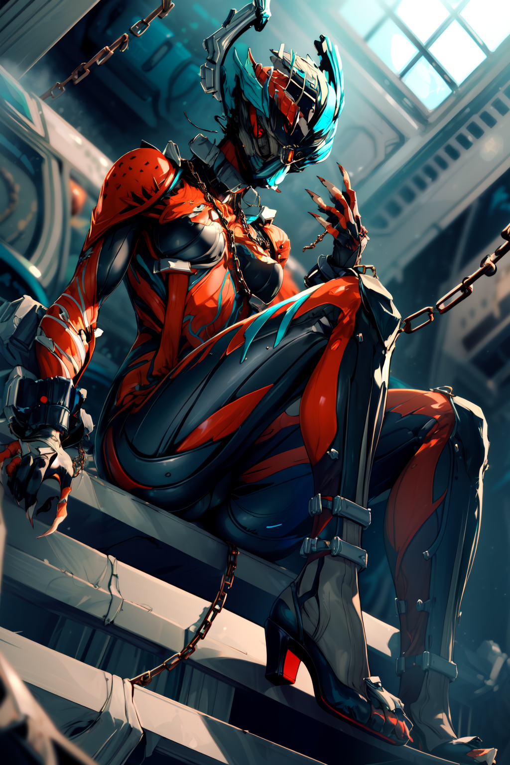 00905-1644557498-masterpiece,best quality,1girl,Valkyr,helmet,heels,gauntlets,sharp fingernails,neck collar,chain,_lora_valkyr_0.8_,.png